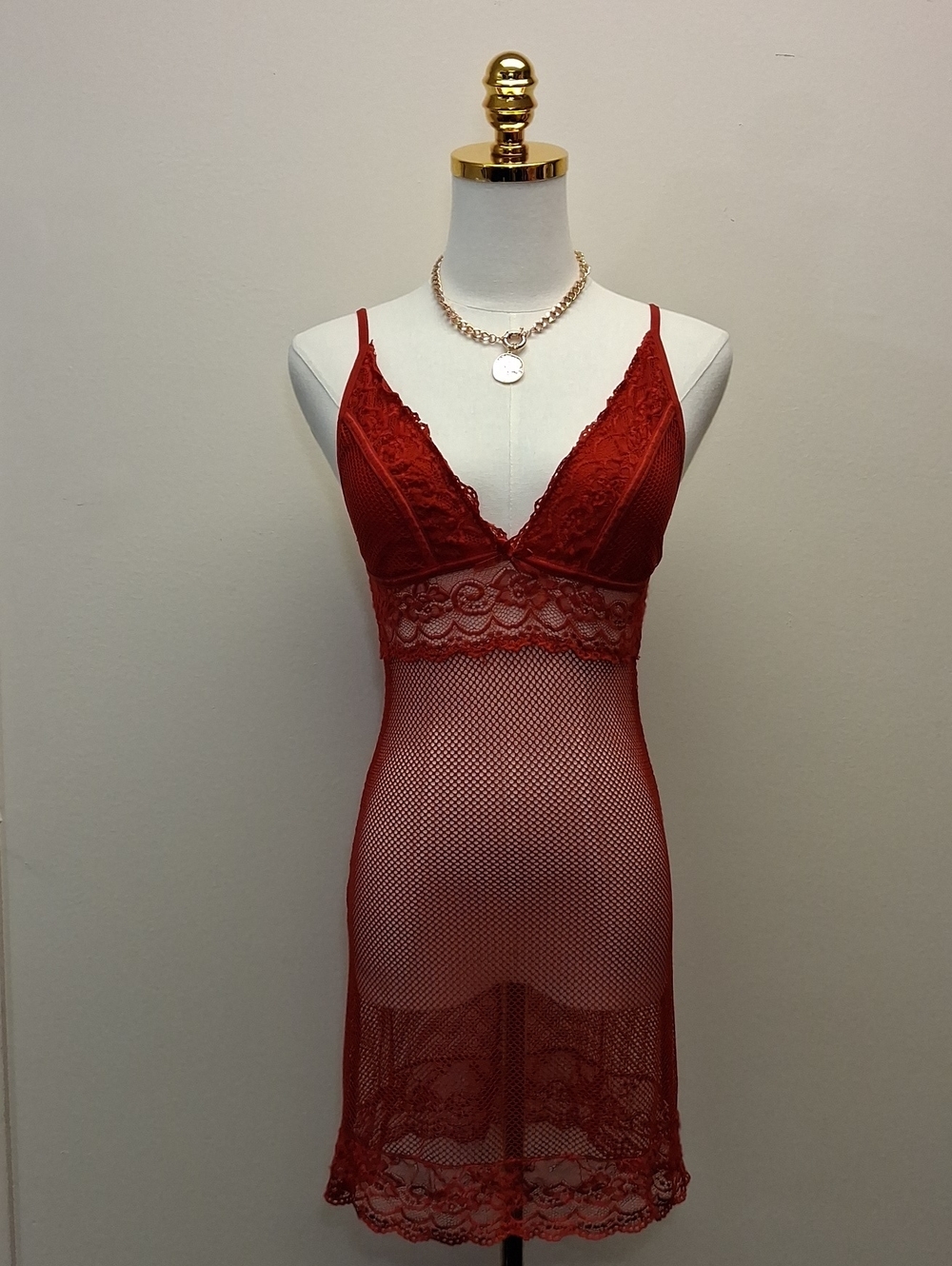 Frederick's of Hollywood Red Lace Mesh Chemise Slip Dress Size Medium